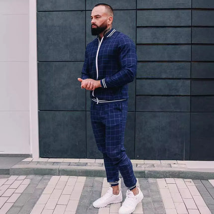 2025 Men Tracksuit 2pc Set Gym Hiking Plaid Zipper Hoodie Cargo Pants Autumn Athleisure Outfit Fleece Jogger Sportswear