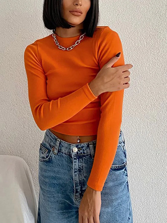 Ribbed Neck T Shirt Green Women Spring Ladies Clothes Solid Slim Mesh Sexy Cropped Long Sleeve Tops 2022
