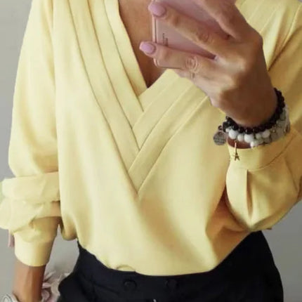 Casual and elegant women's wear, elegant pure-colored triple V-neck long-sleeved shirt, suitable for spring and autumn, women's