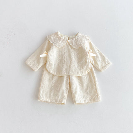 Baby girl lace collar top, wide-leg pants set, autumn girls' bow top, jacquard fabric pants two-piece set