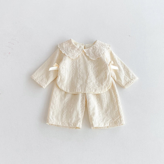 Baby girl lace collar top, wide-leg pants set, autumn girls' bow top, jacquard fabric pants two-piece set
