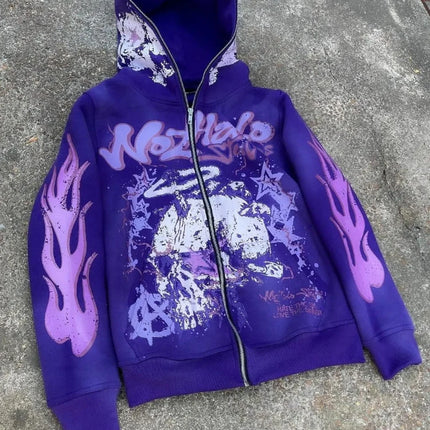 American retro Harajuku street dark hip-hop high street cartoon print zipper hoodie loose hoodie street trendsetters loose trend