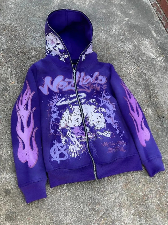 American retro Harajuku street dark hip-hop high street cartoon print zipper hoodie loose hoodie street trendsetters loose trend