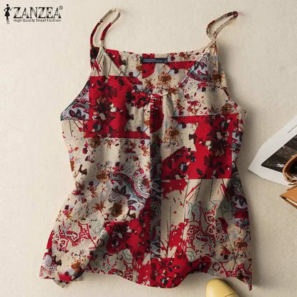 ZANZEA 2023 Summer Women Tanks Camis Cotton Sleeveless Printed Oversized Tops Baggy O-Neck Floral printed Blusas Tunic Tee
