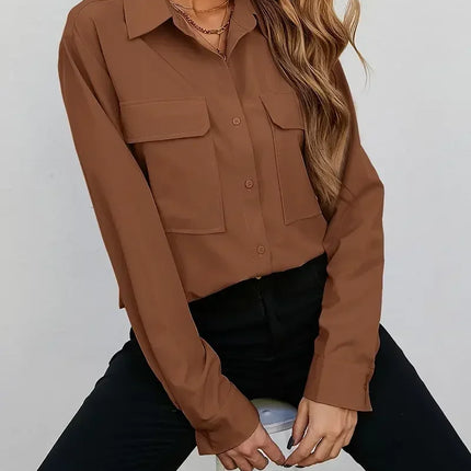 Plus Size 1Xl-5XL Women's Fashion Blouse Women's Solid Button Up Long Sleeve Turn Down Collar Blouse Pockets