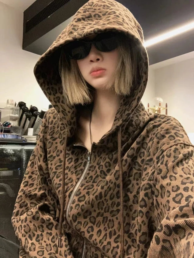 Aesthetic Hot Girl Loose Leopard Print Hoodie Women's Gothic Y2k New Zipper Hooded Coat Female Fashion Vintage Thin 2025 Clothes