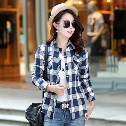 Slim Fit Plaid Long Sleeve Women's Shirt Qiang Yixuan Brand Autumn New Korean Version Cotton Button-Up Shirt