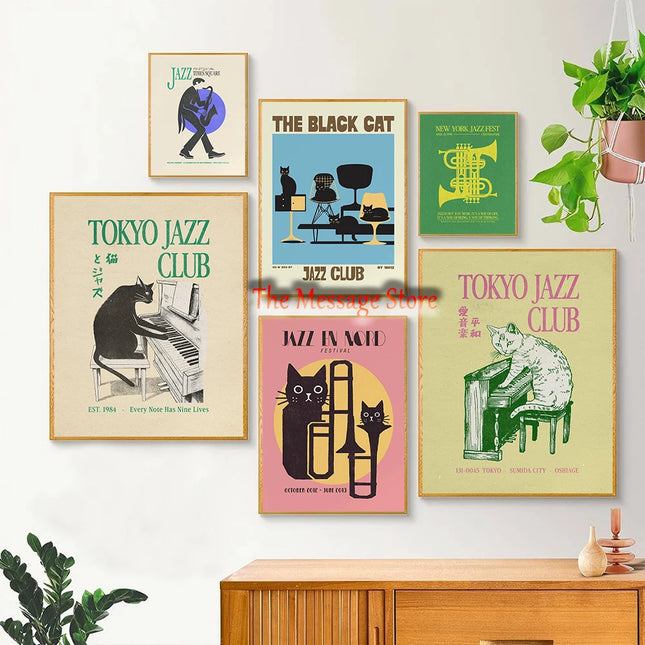 Black Cat Vintage Jazz Music Dopamine Trendy Apartment Wall Art New Orleans NYC Jazz Poster Canvas Painting Wall Pictures Decor
