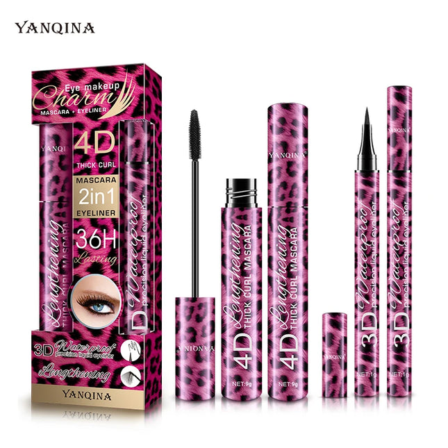 YANQINA Mascara with Eyeliner Combo Black Slim Drawing Line Smooth Definition Long Lasting Waterproof Eye Makeup 2 Pcs Set