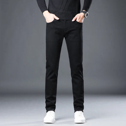 Korean Style Men's Black Slim Fit Straight Jeans Summer Stretch Comfortable Soft Casual Denim Pants for Daily & Streetwear