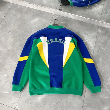 2026 New Arrival Women Y2K Retro Brazil Soccer Sweatshirt Color Block Lapel Polo Collar Oversized Sporty Top
