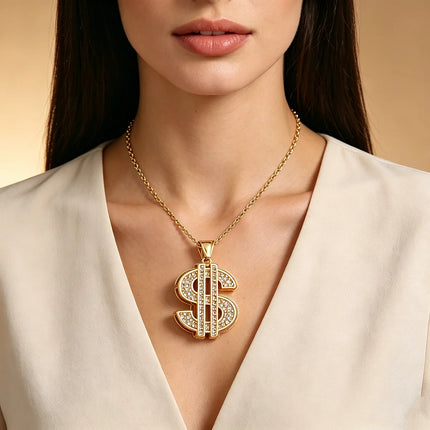 Bling Stainless Steel Dollar Sign Pendant Necklace for Women Men Punk Crystal Charms Chain Money Symbol Jewelry Accessories Gift