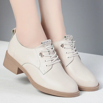 British Style Spring Autumn Women's Round-Toe Square-Heel Slip-On Office Pumps for Work or Parties, Comfortable Soft Leather 2024