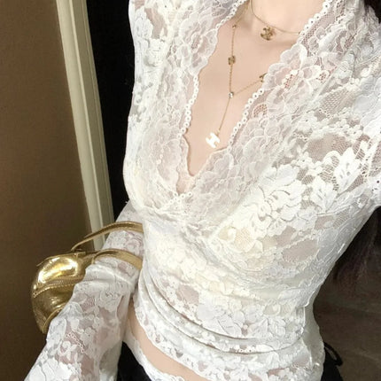 Sexy V-Neck Sheer T-Shirts Fashion Women Flare Long Sleeve Spring Lace Slim Pullovers Tops Casual Evening Party Club Chic Tees