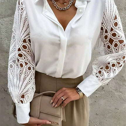 Plus Size 1XL-5XL Women's Elegant Lace Blouse Button Ladies Fashion Long Sleeve Lace Splicing Blouse Shirt
