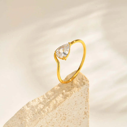 Minimalist Water Drop White Zircon Women Ring, Wave Drop Stainless Steel Ring, 18K Gold Plated Waterproof Luxury Jewelry