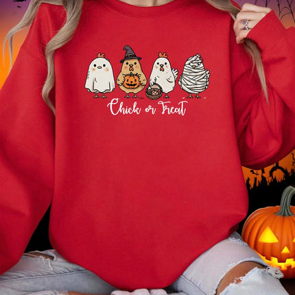 Four Different Shaped Chicks Prints Halloween Sweatshirt Women Winter Fleece Hoodie Crewneck Loose Pullover Casual Soft Clothes