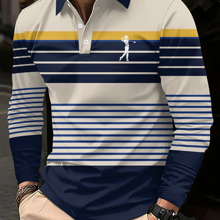 Men's long-sleeved striped polo shirt, men's high tie button, double-sided German velvet shirt for winter