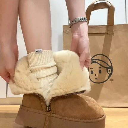 Luxury Winter Women Long Plush Warm Snow Boots Casual Shoes New Suede Fur Chelsea Ankle Boots Flats Platform Ladies Thick Shoes