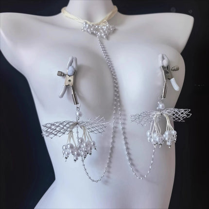 Women's Pearl Collar with Nipple Clamps and Double-Peak Toy Nipple Clamps SM Body Restraint Chain Body Decoration Adult Product