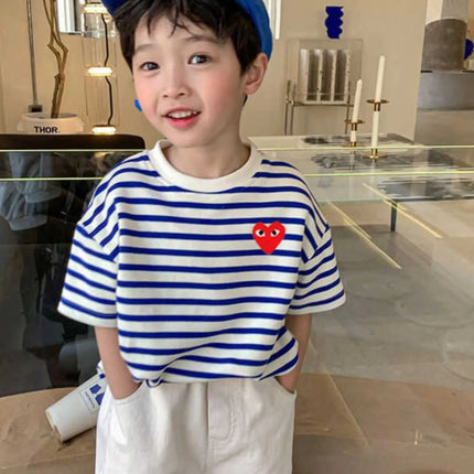 Summer Children's Cotton T-Shirt, Striped Round Neck, Short Sleeve, Kids' Top, Trendy Little Girl, Casual Cartoon Print, Sweat-Absorbing...