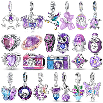 925 Sterling Silver Classic Purple Heart Shape Dragon Pegasus Butterfly Charms Beads Fit 3mm Original Bracelet DIY Jewelry Gift