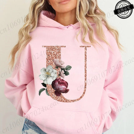 Rose Gold Letter A~Z Printed Women's Sweatshirts Hoodie Fashion Women Hooded Hoodies Casual Harajuku Streetwear Pink Clothing