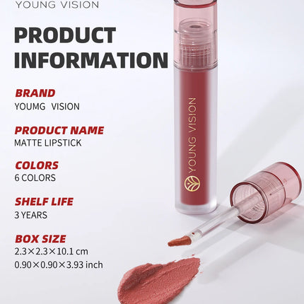 YOUNG VISION 6-Color Matte Velvet Lip Gloss Silky Smooth, Long-Lasting Color Seductive Feminine Lip Makeup