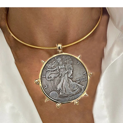 Hyperbole Gothic Cuban Chunky Necklace Women Queen Coin Holy Dollar Pendant Necklace Statement Hip hop Jewelry