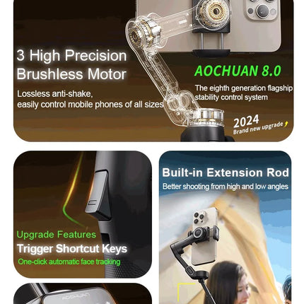AOCHUAN 3-Axis Handheld Gimbal Phone Stabilizer with Extension Rod  8.0 Anti Shake Face Tracking for Phone Outdoor Shooting Vlog