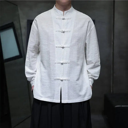 Chinese Style Men Long Sleeve Casual Shirt New 2026 Spring Vintage Mandarin Collar Loose Male Cotton Linen Tops Shirts N055