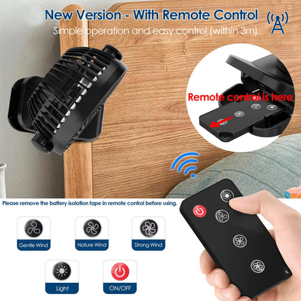 10000mAh rechargeable battery camping fan, three-speed, remote control with hook, 360° rotation