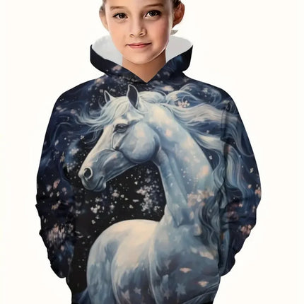 Cool Horse Girl Clothes Animals 3D Print Autumn Long Sleeve Hoodies Loose Lightweight Sweatshirt Comfortable Children's Clothing