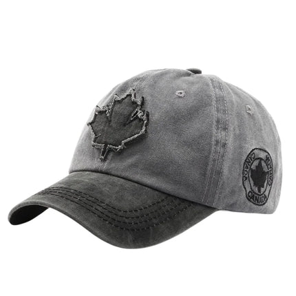 Casual Washed Denim Look Maple Leaf Patch Cap Adjustable Two Tone Outdoor Sport Baseball Hat for Daily Wear