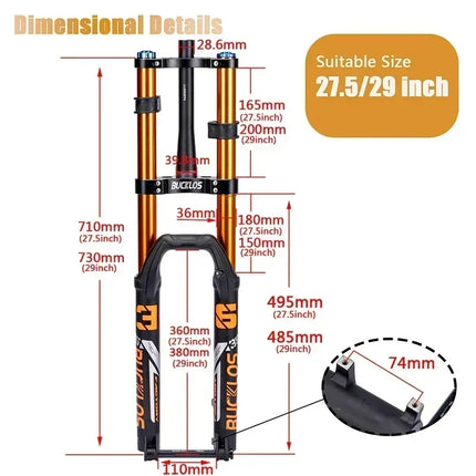 BUCKLOS Double Shoulder MTB Suspension Fork 27.5/29" Mountain Bike Front Air Fork 180mm Travel 51mm Offset Disc Brake Forks