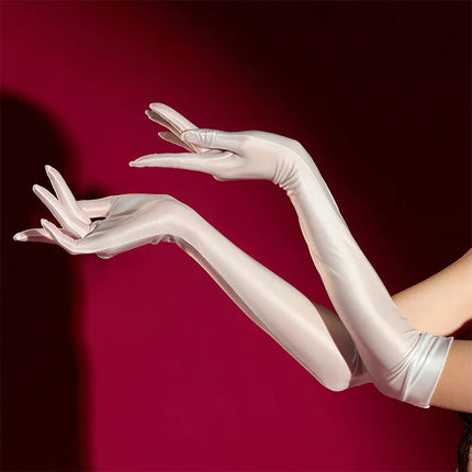 High Density Soft Elastic Oil Shiny Smooth Anti-Hook Five-Finger Women Sexy Long Gloves Pole Dance Party Cosplay Stage Performan