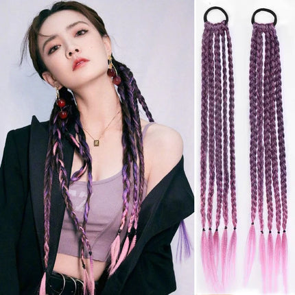 Synthetic Girls Colorful Braids Hair Extensions With Rubber Bands Rainbow Braided Ponytail Hairpieces For Kids Hair Accessories