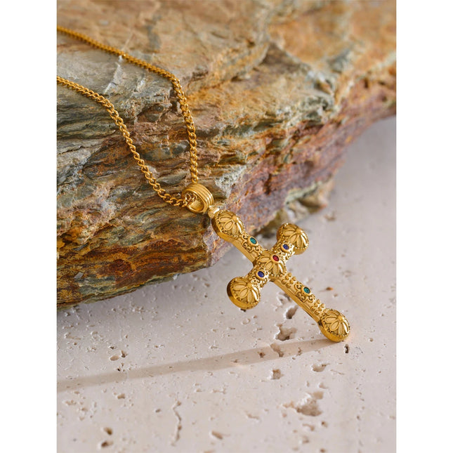 Yhpup Statement Stainless Steel Zircon Cross Pendant Vintage Necklace Arrivals 18K Golden Plated Fashion Classic Jewelry