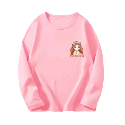 Pink Flower Heart Print Girls T-Shirt Casual White Tops Spring Long Sleeve Kids T-Shirt Kawaii Love Print Tops