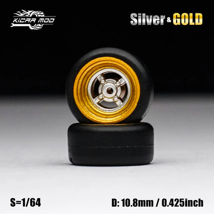 1/64 Model Car Gold and Silver Wheels with Fixed Rubber Tires Comes with Rivets for Diecast Model Refitting Parts for Hot Wheels