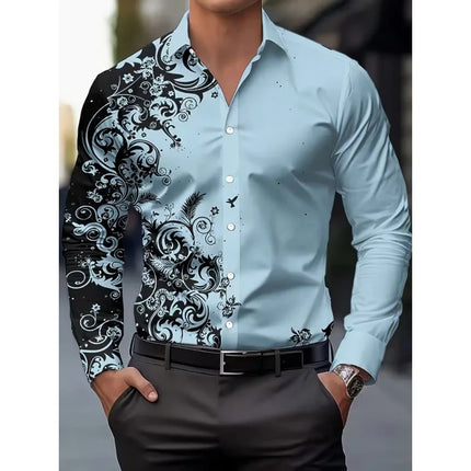 Men's Long Sleeve Geometric Line Print Dress Shirt Slim Fit Formal Casual Button Down Business Top Camisa Masculina De Negócios