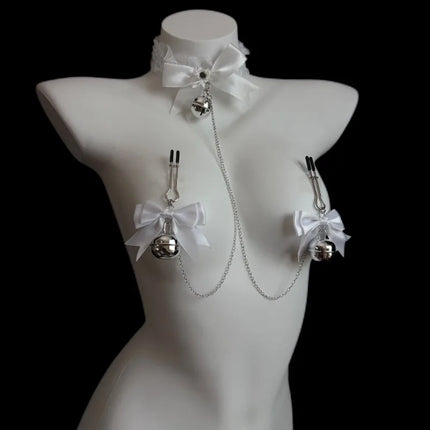 Bow-Tie Bell Nipple Clamps Available in Black and White BDSM Bondage Breast Restraint Sexy Accessories Fetish Adult Sex Toys