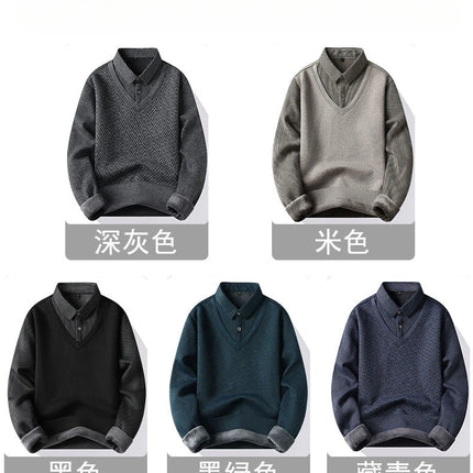 Winter Warm Thick Pullovers Men Polo Neck Fake Two Pieces Sweaters Fashion Casual Striped Fleece Lined Jumper Knitting Sweaters