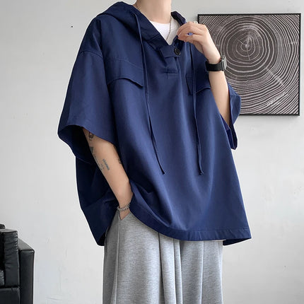 2026 Summer Men Hooded Shirt Korean Half Sleeve Pullover Streetwear Hip Hop Loose Shirt Tops Drawstring Men Clothing M-5XL