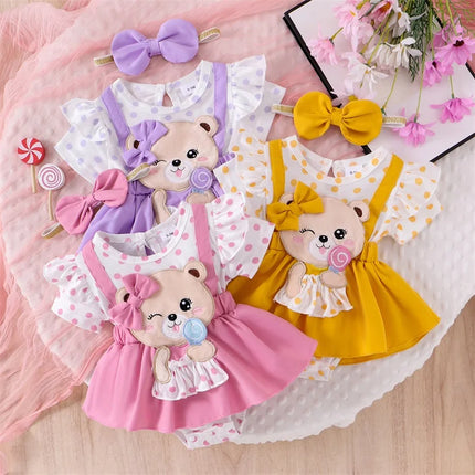 Pudcoco Baby Girls 2Pcs Summer Outfits Short Sleeve bear Embroidery Romper with Headband Set Newborn Clothes 0-18M