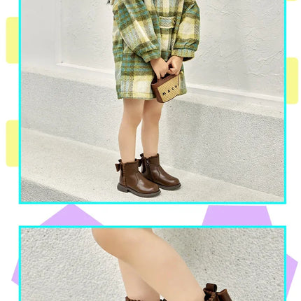 Girls Ankle Boots with Back Bow-knot Kids Short Boots Soft Sole 2025 New Girls' Princess Leather Boots with Warm Cotton Side Zip