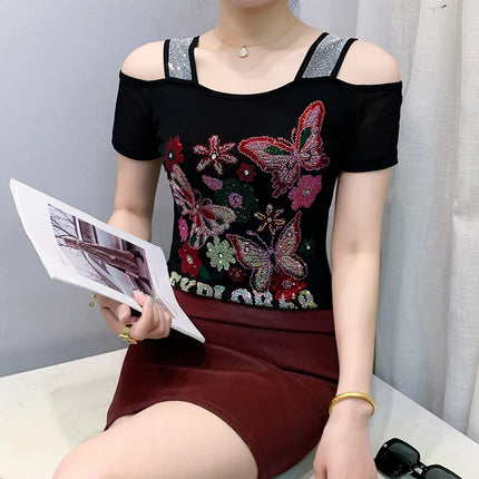 Summer Streetwear Fashion Women's T-shirt Luxury Design Butterfly Hot Diamonds Tee Sexy Off Shoulder Girls Tops European Clothes