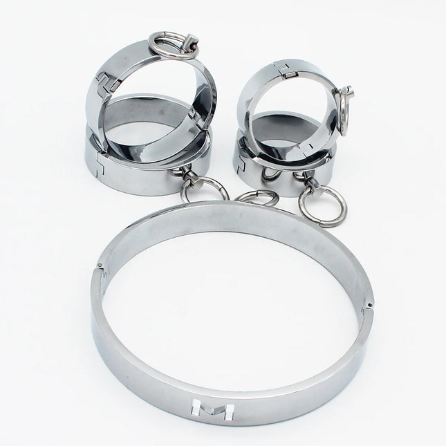 Manyjoy Metal Steel Bondage Cuffs Collar Handcuff Ankle Wrist Cuff Shackl Slave Sex Restraint Necklace Sex Toys for Couple 18+