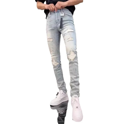 Vintage Blue Slim Fit Stretch Jeans For Men Casual Versatile Ripped Hole Skinny Denim Pencil Pants