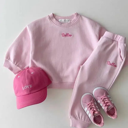 Casual Kids Tracksuit Set for Boys Girls Pure Cotton Solid Color Embroidered "Butter" Sweatshirt Pants Spring Autumn Wear